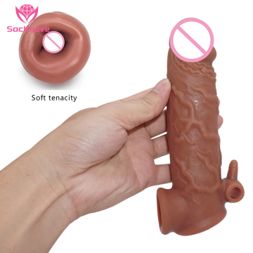 SacKnove PTH602 Male Enlargers Soft Silicone TPE Vibrating Reusable Condom Delay Large Dildo Cover  Penis Sleeve Extender